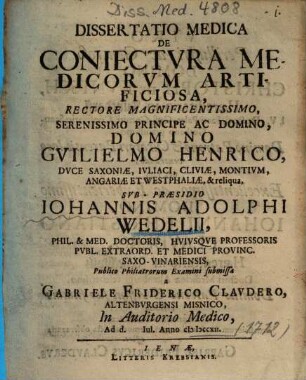 Dissertatio Medica De Coniectvra Medicorvm Artificiosa