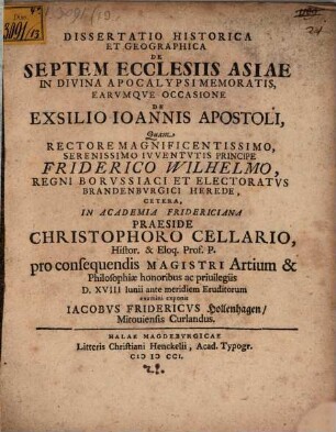 Diss. hist. et geogr. de septem ecclesiis Asiae in divina Apocalypsi memoratis : earumque occasione de exsilio Ioannis Apostoli