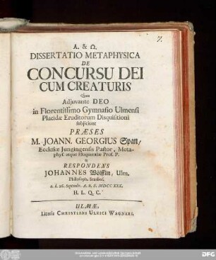 Dissertatio Metaphysica De Concursu Dei Cum Creaturis
