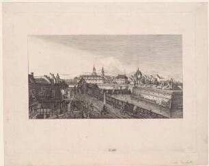 Das Wilsche Tor (Wilsdruffer Tor) an Stelle des heutigen Postplatzes in Dresden vor seiner Beseitigung 1811, Blick nach Nordosten, nach Canaletto, aus den Abbildungen zur Chronik Dresdens von 1835