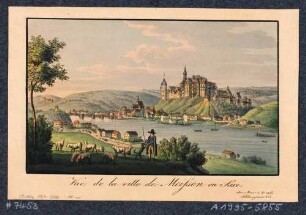 Stadtansicht von Meißen, Blick von Norden über die Elbe auf die Brücke (fünfter Zustand 1815 bis 1866), die Altstadt und den Burgberg mit Albrechtsburg und Dom, im Vordergrund Hirte mit Schafen