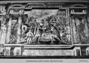 Karl der Große besiegt Widukind, der im Fluss der Ise in Attigny getauft wird und ein neues Wappen mit einem weißen Pferd erhält, Symbol der neuen Religion. (785) - Vitichindo vinto da Carlomagno abbraccia il cristianesimo, viene battezzato con suoi nelle acque dell'Isas, e riceve da quell'imperatore un nuovo stemma col cavallo bianco, simbolo della nuova religione (785)