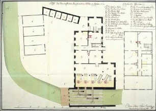 "Plan der herrschaftlichen neuzubauenden Mühle zu Kieslau", Situationsplan mit Grundrissen, mit Legende, handgezeichnet und koloriert von Architekt Stahl aus Bruchsal Maßstab von 100 Pieds (10=3,3 cm), 48,2 x 67,5 cm