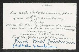 Brief von Günther Grundmann, Elfriede Grundmann und Friedhelm Grundmann an Gerhart Hauptmann