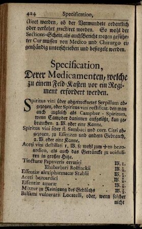 Specification, Derer Medicamenten, welche zu einem Feld-Kasten vor ein Regiment erfordert werden.