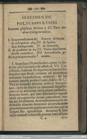 Specimen III. Polycarpi Lyseri Examen physicae divinae a Cl. Viro Andrea Rüdigero editae