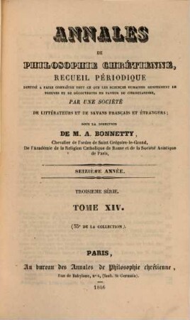 Annales de philosophie chrétienne. 33 = Sér. 3, A. 16 = T. 14. 1846