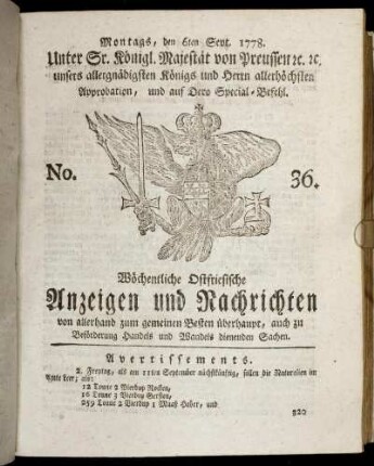 No. 36. Montags, den 6ten Sept. 1778.