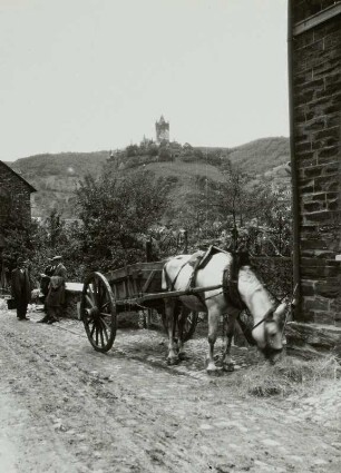 Cochem (Mosel), Blick zur Burg mit Einachskarren mit Zugpferd im Vordergrund