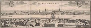 Stadtansicht von Dresden, Blick nach Süden über die Elbe, mit der Alt- und Neustadt und der Elbbrücke, mit Sächsischem und Dresdner Wappen