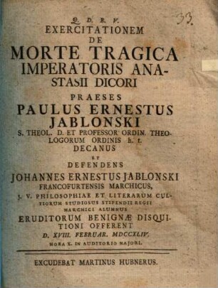 Exercitationem De Morte Tragica Imperatoris Anastasii Dicori