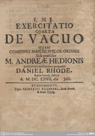 4: Exercitatio ... De Vacuo