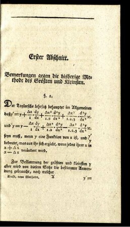 Erster Abschnitt. Bemerkungen gegen die bisherige Methode des Größten und Kleinsten.