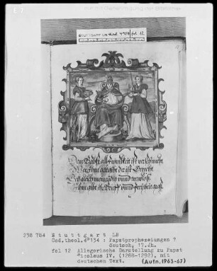 Flugschrift mit Illustrationen aus den Papstprophezeiungen mit antipäpstlichen Spottversen — Allegorische Darstellung zu Papst Nikolaus 4. (1288-1292), Folio 12recto
