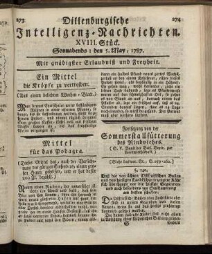 XVIII. Stück. Sonnabends: den 5. May, 1787.