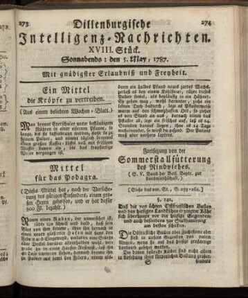XVIII. Stück. Sonnabends: den 5. May, 1787.