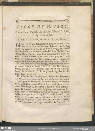 Eloge De M. Jars, Prononcé à l'Académie Royale des Sciences de Paris, le 25 Avril 1770