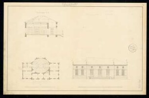 Schützenhaus Monatskonkurrenz Mai 1832: Grundriss Erdgeschoss, Aufriss Vorderansicht, Querschnitt; 2 Maßstabsleisten