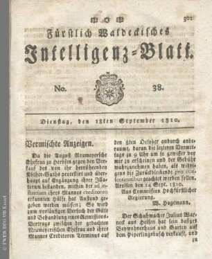 No. 38, Dienstag, den 18ten September 1810