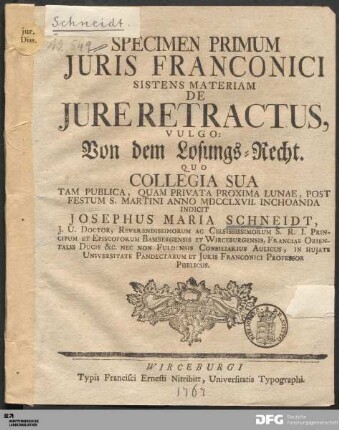 Specimen Primum Juris Franconici Sistens Materiam De Jure Retractus, Vulgo Von dem Losungs-Recht