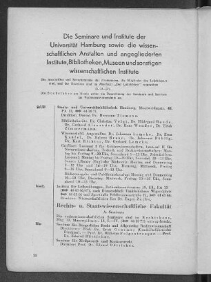 Die Seminare und Institute der Universität Hamburg sowie die wissenschaftlichen Anstalten und angegliederten Istitute, Bibliotheken, Museen und sonstigen wissenschaftlichen Institute