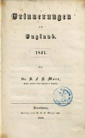 Erinnerungen an England : 1841