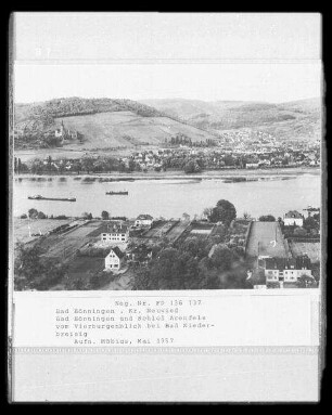 Blick über den Rhein vom Vierburgenblick bei Bad Breisig auf Bad Hönningen und Schloss Arenfels