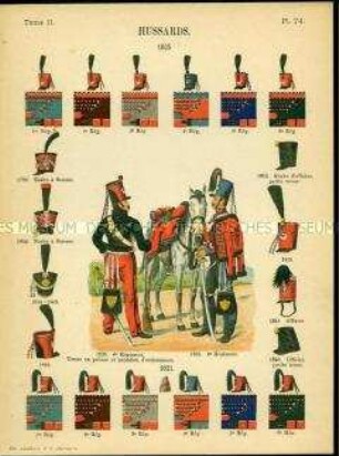Uniformdarstellung, Husaren, Detailstudien von Kopfbedeckungen und Abzeichen verschiedener Husaren-Regimenter, Frankreich, 1796/1840.