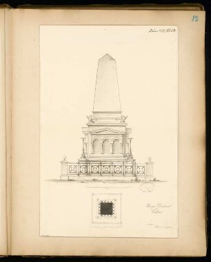 Gefallenendenkmal, Calau Monatskonkurrenz Juni 1877: Grundriss, Aufriss Vorderansicht; 1:20, Maßstabsleiste