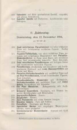 III. Auktionstag: Donnerstag, den 22. Dezember 1904 von 10 Uhr ab