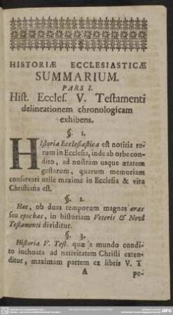 Pars I. Hist. Eccles. V. Testamenti delineationem chronologicam exhibens