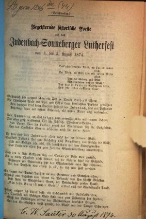 Begeisternde historische Poesie auf das Judenbach-Sonneberger Lutherfest vom 1. bis 3. August 1874