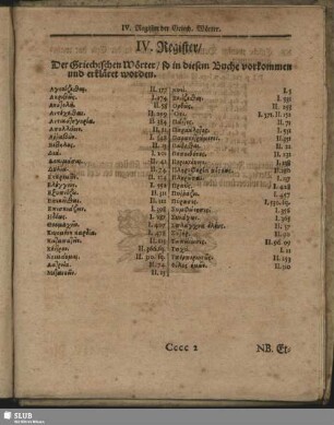 IV. Register, Der Griechischen Wörter, so diesem Buche vorkommen und erkläret werden