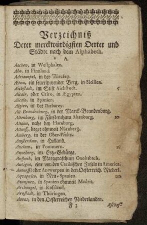 Verzeichniß Derer merckwürdigsten Oerter und Städte nach dem Alphabeth.