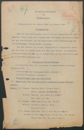 1921/22: Jahresbericht von Ostern ... bis Ostern ... 1921/22