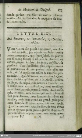 Lettre DLXV. Aux Rochers, ce Dimanche, 17. Juillet, 1689