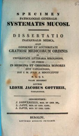 Specimen pathologiae generalis systematis mucosi : Diss. inaug. med.