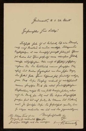 Brief von Adolf von Harnack an Otto von Gierke, Grunewald, 11.1.1921