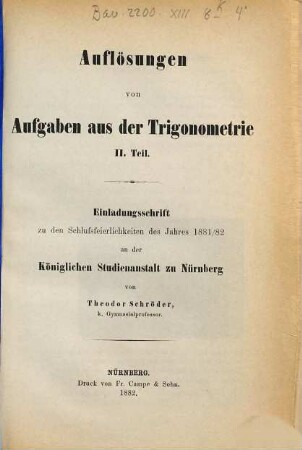 Auflösungen von Aufgaben aus der Trigonometrie, 2