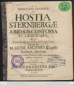 Dissertatio Historica De Hostia Sternbergae A Judaeis Confossa Et Cruentata