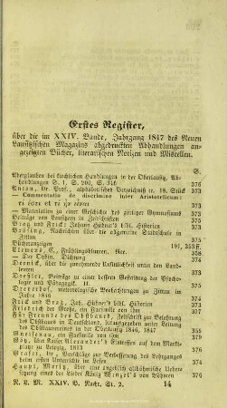 Erstes Register. über die im XXIV. Bande, Jahrgang 1847 des Neuen Lausitzischen Magazins abgedruckten Abhandlungen, angezeigten Bücher, literarischen Notizen und Miscellen