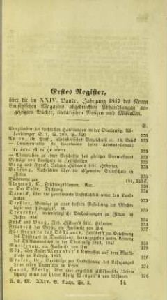 Erstes Register. über die im XXIV. Bande, Jahrgang 1847 des Neuen Lausitzischen Magazins abgedruckten Abhandlungen, angezeigten Bücher, literarischen Notizen und Miscellen