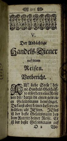 V. Der Andächtige Handels-Diener auf seinen Reisen. Vorbericht