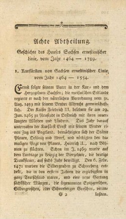 Achte Abtheilung. Geschichte des Hauses Sachsen ernestinischer Linie, vom Jahr 1464 - 1789 (Beginn)