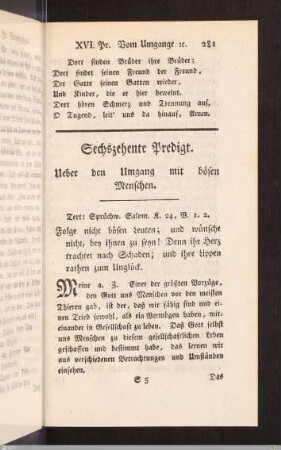 XVI. Predigt: Vom Umgange mit bösen Menschen.