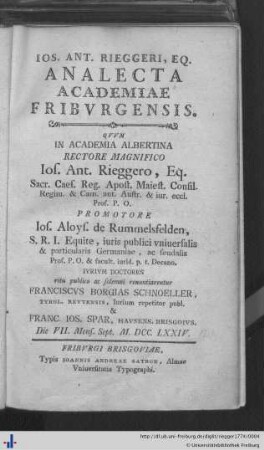 Analecta academiae Friburgensis ad historiam et iurisprudentiam praecipue ecclesiasticam illustrandam
