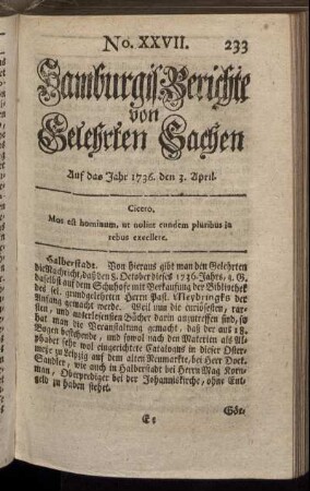 No. XXVII. Auf das Jahr 1736. den 3. April. - No. XXXIV. Auf das Jahr 1736. den 27. April.