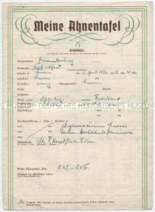 Ahnentafel einer Familie aus Pommern zur Erlangung des "Ariernachweises"- Personenkonvolut