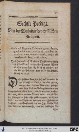 Sechste Predigt. Von der Wahrheit der christlichen Religion.