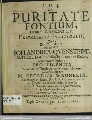 De puritate fontium, Hebraei veteris et Graeci novi testamenti exercitatio inauguralis